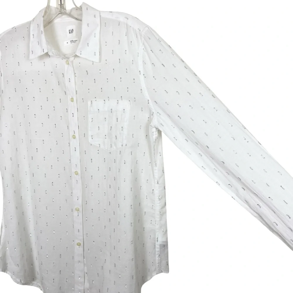 Gap Fitted Boyfriend White Button Down Silver Metallic Clip Dot Shirt Size M - Picture 5 of 14